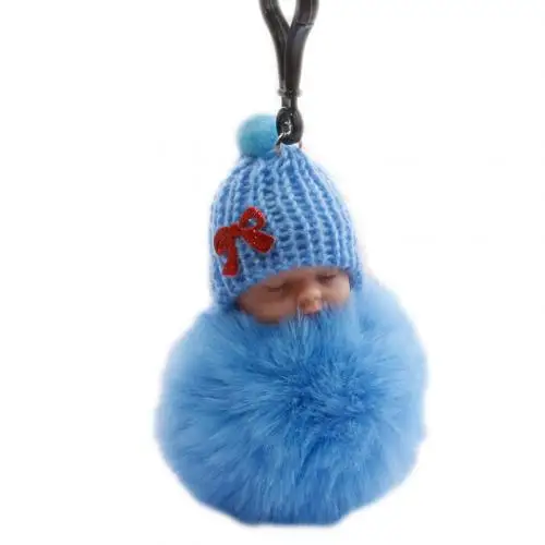 Милый Спящий ребенок пушистый мех подвеска плюшевая кукла брелок кольцо для ключей с сумочкой Декор - Цвет: Небесно-голубой
