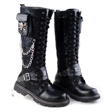 

Brand Men's Leather Motorcycle Boots Mid-calf Gothic Chain Punk Boots Men Shoes Fashion Skull Male Cowboy Western High Boots