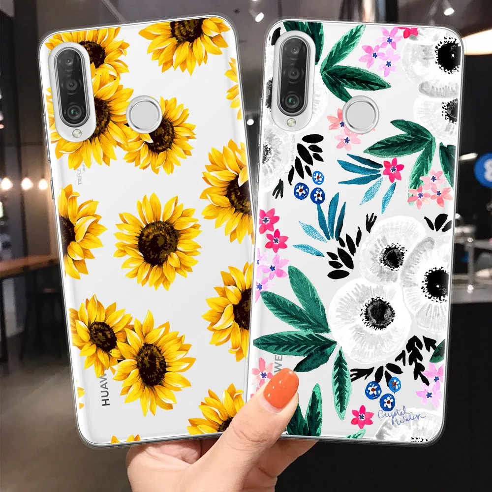 Transparent TPU Back Cover For Coque Huawei P10 P20 P30 P40 Lite E Pro Tropical flowers Fundas Phone Cases | Мобильные телефоны и