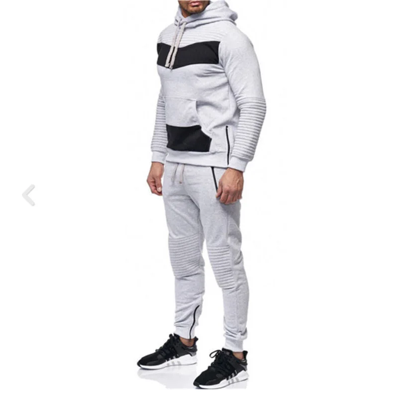 Light Grey Спортивный комплект из двух предметов, топ и штаны для мужчин, толстая Лоскутная Толстовка с капюшоном, пуловер, толстовка, спортивные штаны, Мужская одежда, спортивный костюм, M-3XL - Цвет: Light Grey