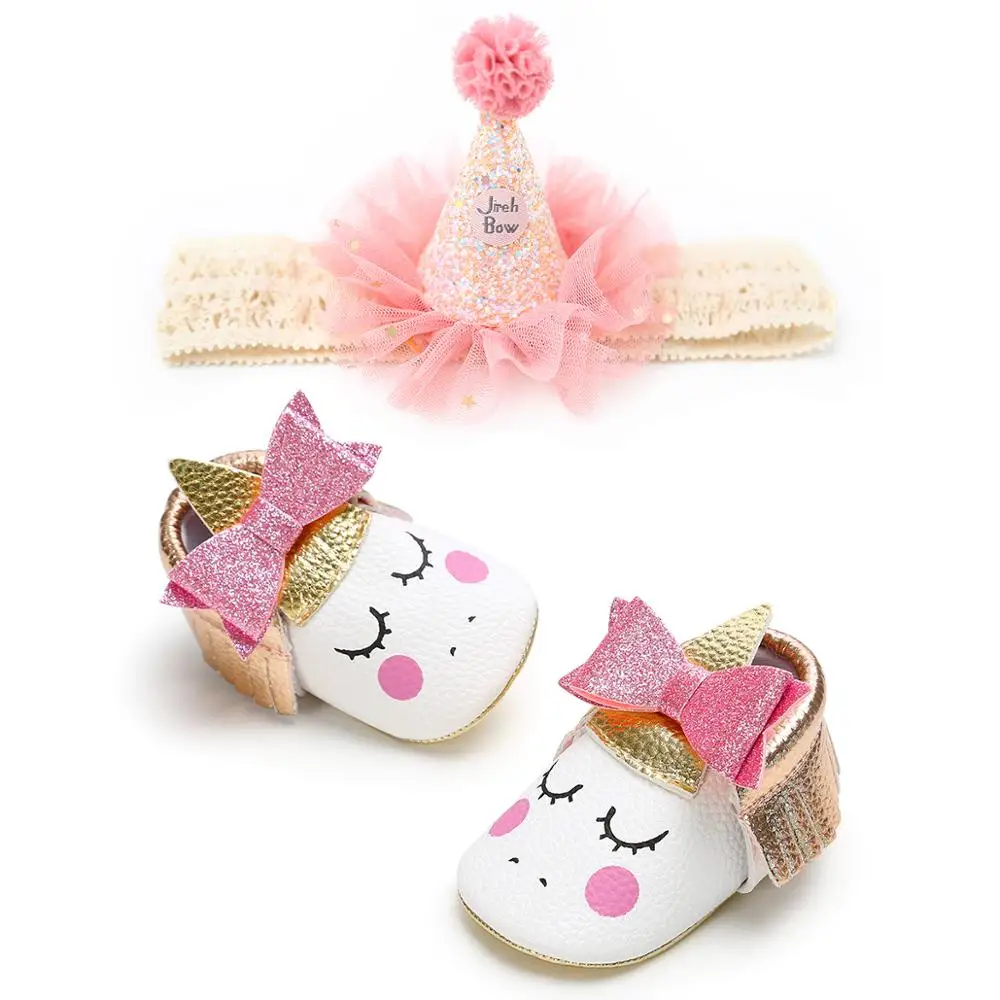 Baby Girls Unicorn Shoes and Hairband Set Cute Toddler First Walkers Shoes for Birthday Gift