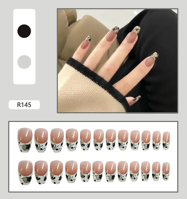 24 Sheet/Set Cute Face Fake False Nail Tips Grid Round Full Cover Glue Manicure Makeup New Design Pure Art Nail Stickers R145