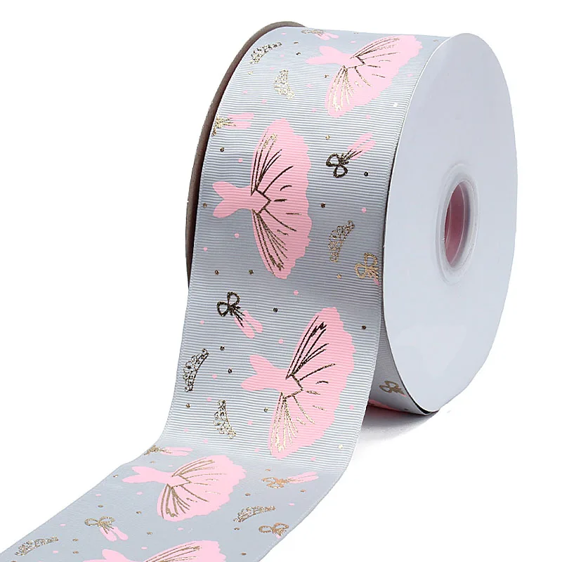 50 yards/lot) Free shipping 75mm ballet skirt golf foil printed grosgrain ribbon - Цвет: grey ribbon