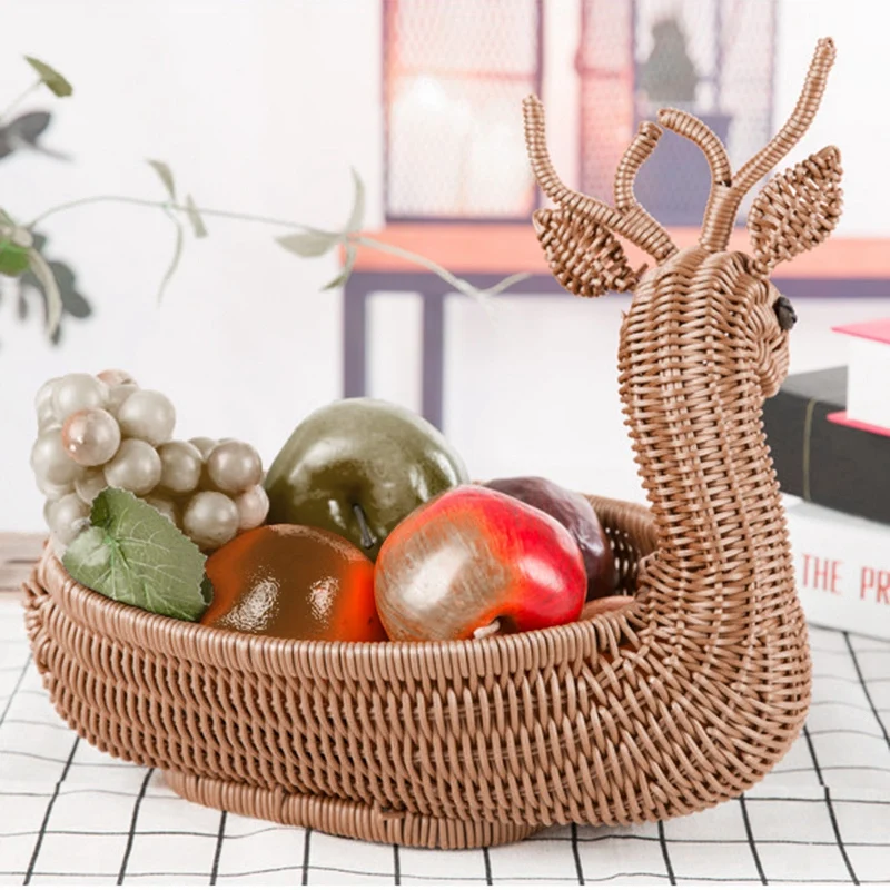 Rattan Woven Fruit Basket Imitation Deer Bread Basket Fruit Bowls Tray Vegetable Snack Basket Novelty Animal Shaped Ancient Rat storage tray,kitchen tray,bamboo organizer tray