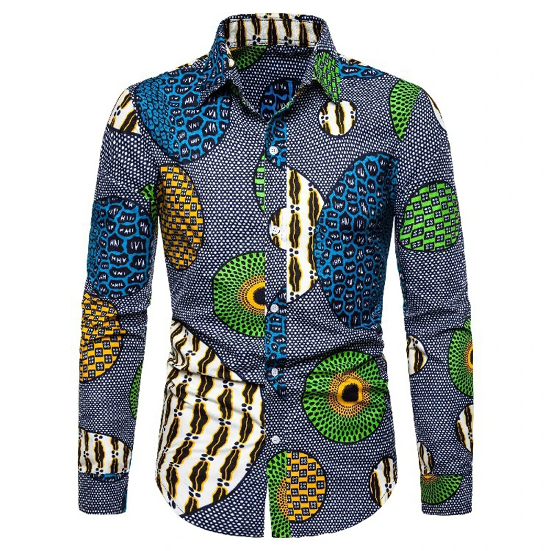 Африканская восковая 3D печать, модная мужская рубашка, осень, новая уличная одежда в стиле хип-хоп, африканская одежда, мужская Облегающая рубашка с длинным рукавом - Цвет: Бежевый