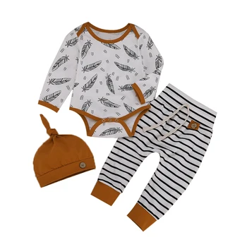 

0-24M Casual Newborn Baby Boy Girl Long Sleeve Cotton Print Bodysuit Tops Striped Long Pant Hat 3PCS Baby Clothing Set