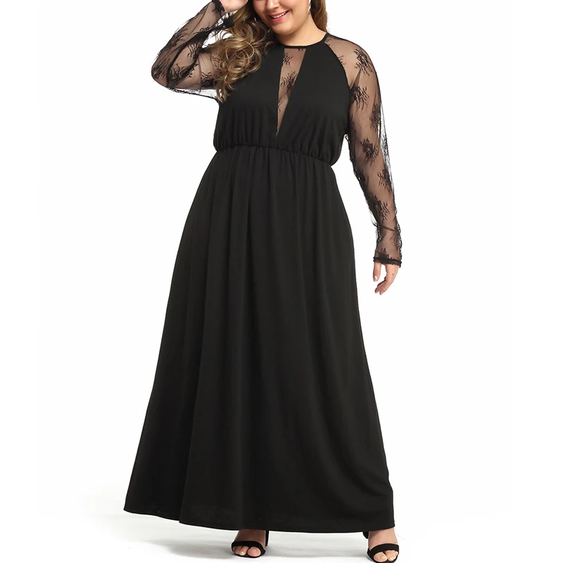 MISSJOY XL-5XL осеннее женское платье повседневное с длинными рукавами сексуальные сетчатые с выемкой лоскутное кружево черный женский халат вечерние элегантные Плать