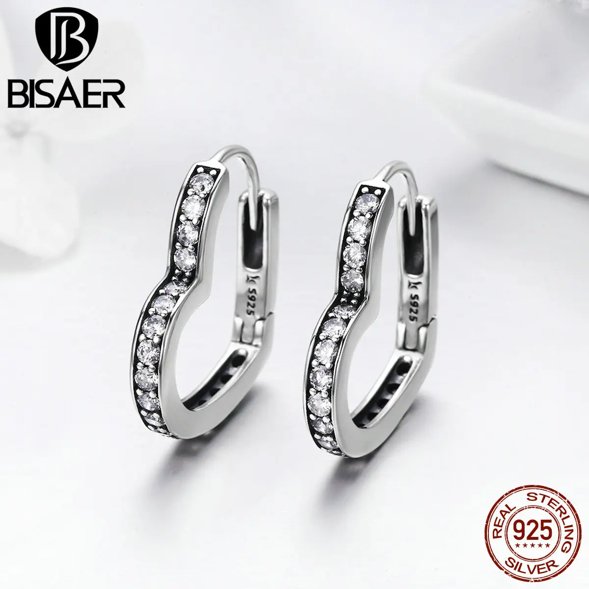BISAER Bijoux 925 пробы серебряные ослепительные с фианитами, в форме сердца изысканные серьги-гвоздики для женщин Серебряные серьги ювелирные изделия GXE290
