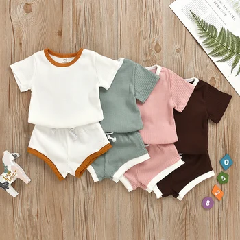 

Comfortable Clothing Set Baby Girls Breathable Round Collar Short Sleeve Tops Drawstring Shorts Fashion Pit Strip Outfit