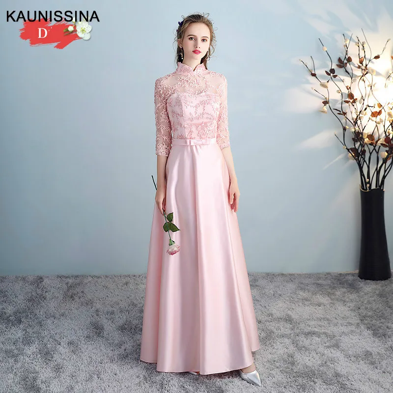 KAUNISSINA, длинные платья для подружек невесты, платья для выпускного, трапециевидные атласные аппликации, свадебные халаты, женское свадебное платье для гостей, Vestido - Цвет: Pink C
