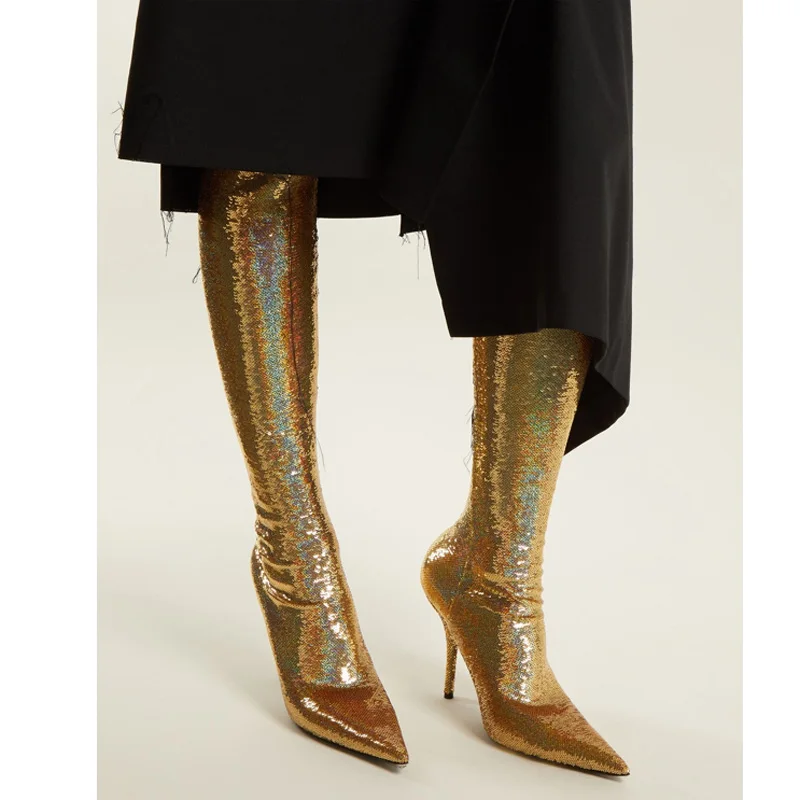 GCYFWJ/золотистые блестящие эластичные носки с блестками; высокие сапоги; женские пикантные вечерние туфли на высоком каблуке-шпильке с острым носком; женские высокие сапоги до бедра