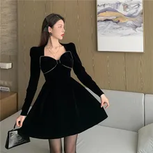 

Fashion Spring Autumn Women dress Big Bow collar Velvet Elegant Black Long dresses party dress female bing 2021 NEW French style