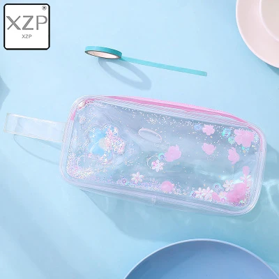 XZP Girl Pencil Case Transparent Oil Sandpaper Pen Bag Ins Style Cute Cosmetic Bag Wardrobe Organizer Travel Organizer Set - Цвет: Blue Flower