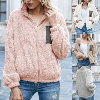 

parkas mujer 2020 Women Oversize Parkas Fashion Turndown Collar Patchwork Long Sleeve Plush Pockets Zipper fur parkas women