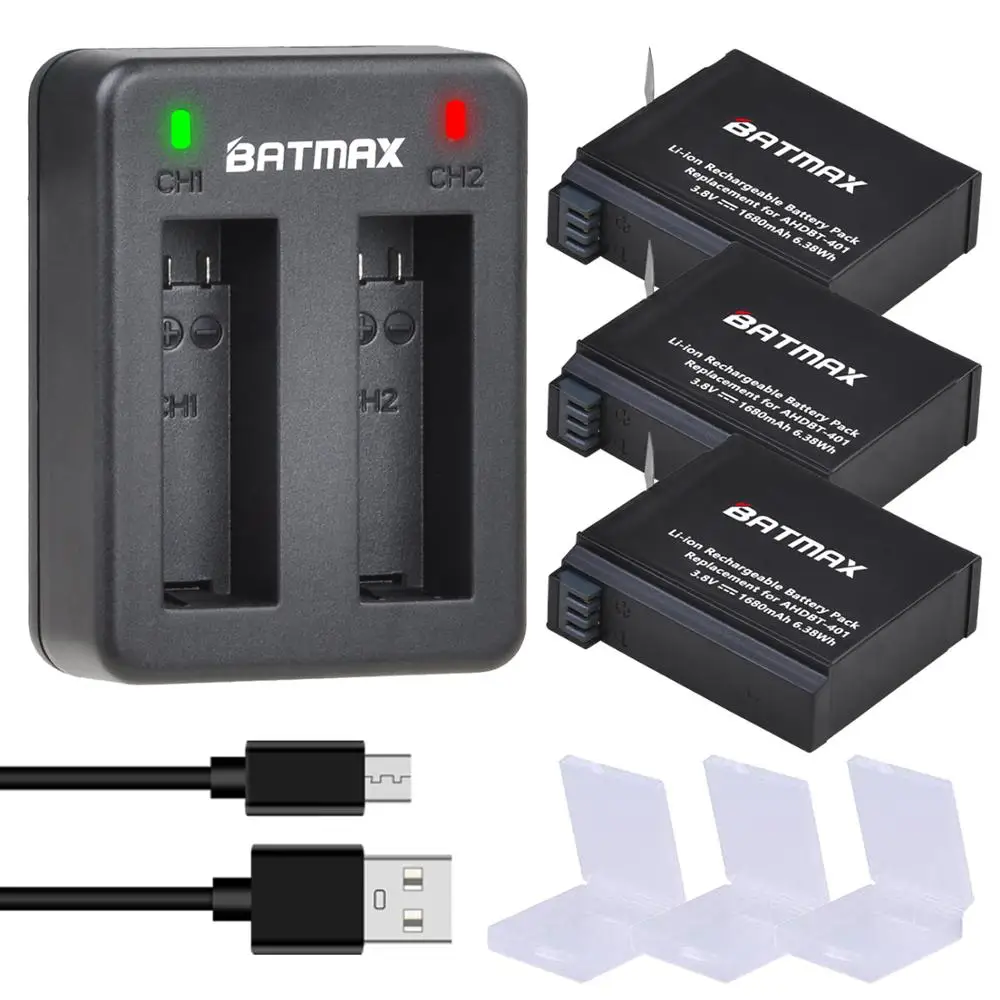 Batmax AHDBT-401 AHDBT 401 3 шт. для Gopro Hero 4 аккумуляторная батарея + двойной порт зарядного