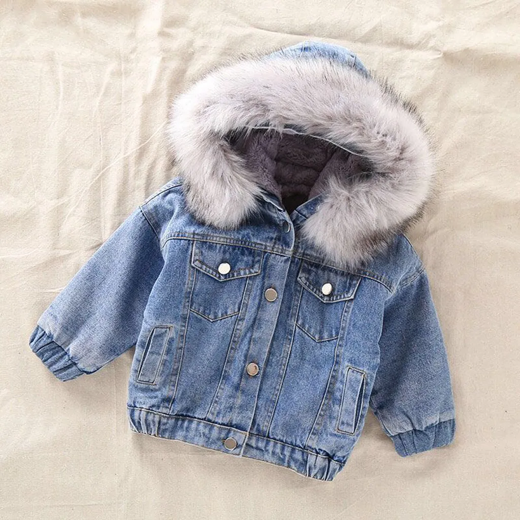 Теплое плотное джинсовое пальто из искусственного меха с капюшоном для маленьких девочек верхняя одежда для малышей, теплое пальто с искусственным мехом для маленьких девочек