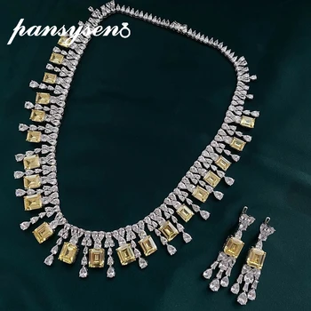 

PANSYSEN 100% 925 Sterling Silver Customized Emerald Cut Citrine Simulated Moissanite Neckalce/Earrings Jewelry Set Fine Jewelry