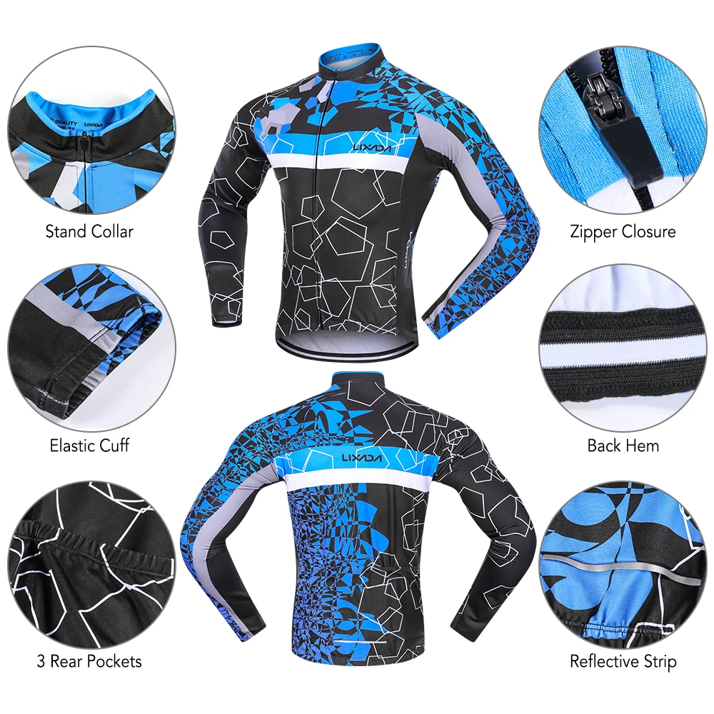 Lixada Men Winter Thermal Fleece Cycling Clothing Set Long Sleeve Windproof Cycling Jersey Coat Jacket Gel Padded Pants Trousers