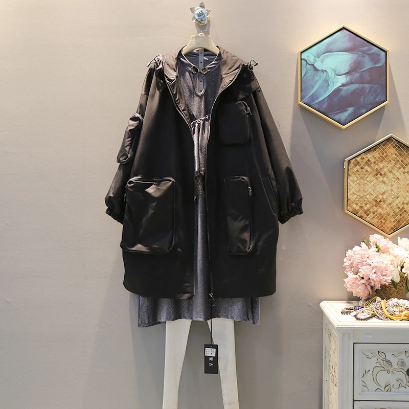 

[EWQ] 2019 Spring Autumn High Quality Hooded Collar Long Sleeve Solid Patchwork Zipper High Street Windbreaker Women AH46706