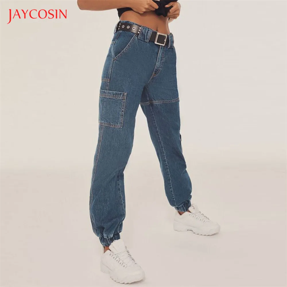 Jaycosin новые модные женские джинсы с карманами джинсовые однотонные женские со средней талией сплайсированные сексуальные свободные Промытые светильник штаны-шаровары