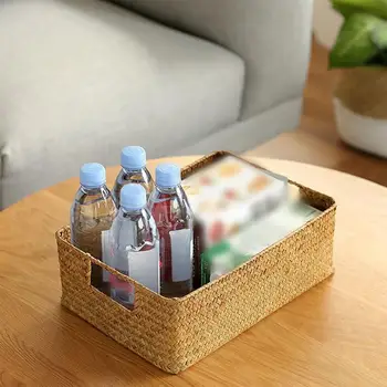 

1pc Retro Hand-Woven Seaweed Storage Basket Household Rectangular Sundries Organizer Storage Box For Home Clothes 39x29x13cm