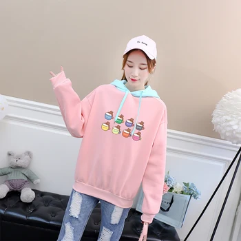 

Women Kawaii Bear Cartoon Print Hoodies Sweatshirt Casual Streetwear Fleece Harajuku Contrast Color Patchwork Drop Shoulder Tops