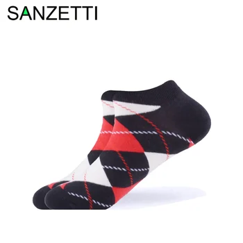 

SANZETTI 1 Pair 2020 New Men's Summer Casual Ankle Socks Colorful Combed Cotton Socks Diamond Pattern Dress Wedding Boat Socks