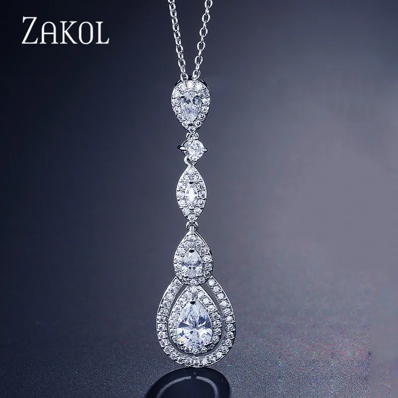 

ZAKOL Luxury Water Drop Pear Cubic Zircon Long Pendant & Necklaces for Elegant Women Bridal Wedding Jewelry Dress FSNP2038