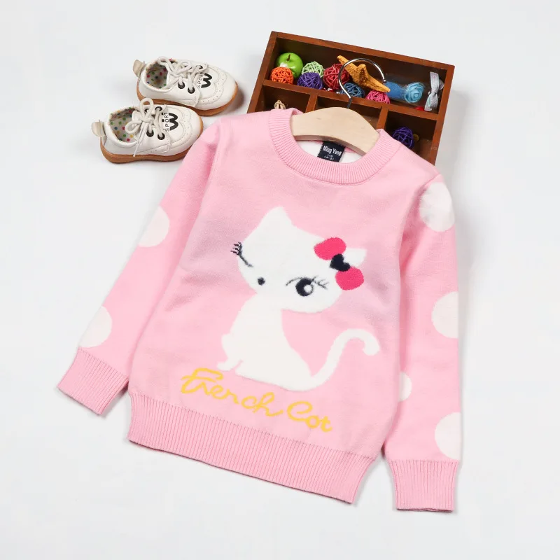 

Girl'S Sweater Pullover 2019 Autumn And Winter Cotton Double Layer Childrenswear Children Cat Jacquard Knit Low Waist Jersey Coa