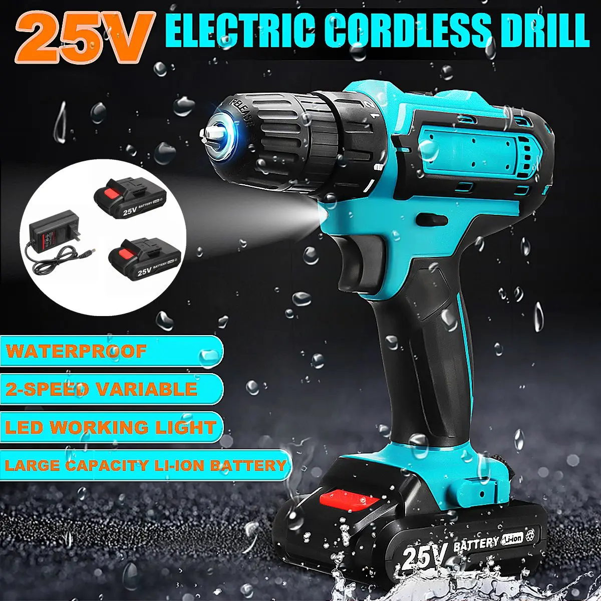 

25V Rechargable Lithium Power Dirlls Cordless Electric Drill 2 Speed Adjustment LED Lighting Screwdriver With 1/2 Batteries