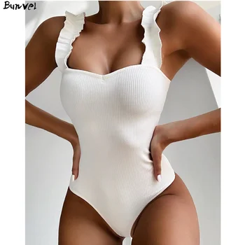 

bunvel Sexy One Piece Swimsuit Women Fly Sleeve Ruffle Swimming Suit for Bikini Women Push Up Solid Color Bathing Suit Female f