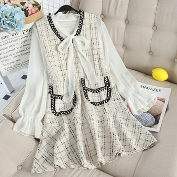 

2020 summer new women dress sets knitted plaid pocket dress and chiffon bow new blouse lady elegant sets top quality
