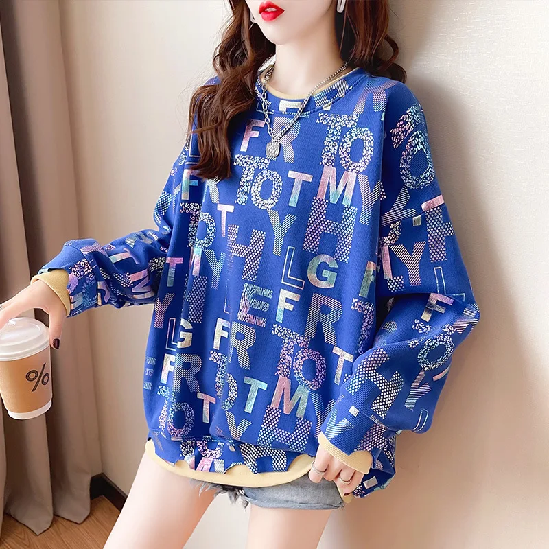 

Korean Fashion Letter Printed Hole Sweatshirts Women's Clothing Autumn Winter Casual Loose Batwing Sleeve Pullovers Female Tops