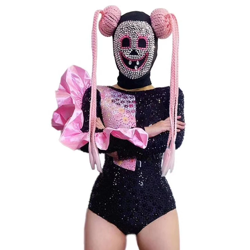

Women stage show costume Halloween cosplay party dance wear Rhinestones Stretch Skinny Bodysuit