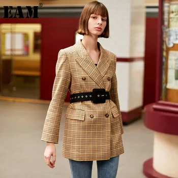 

[EAM] Loose Fit Khaki Plaid Split Joint Temperament Woolen Coat Parkas New Long Sleeve Women Fashion Spring Autumn 2020 1H086