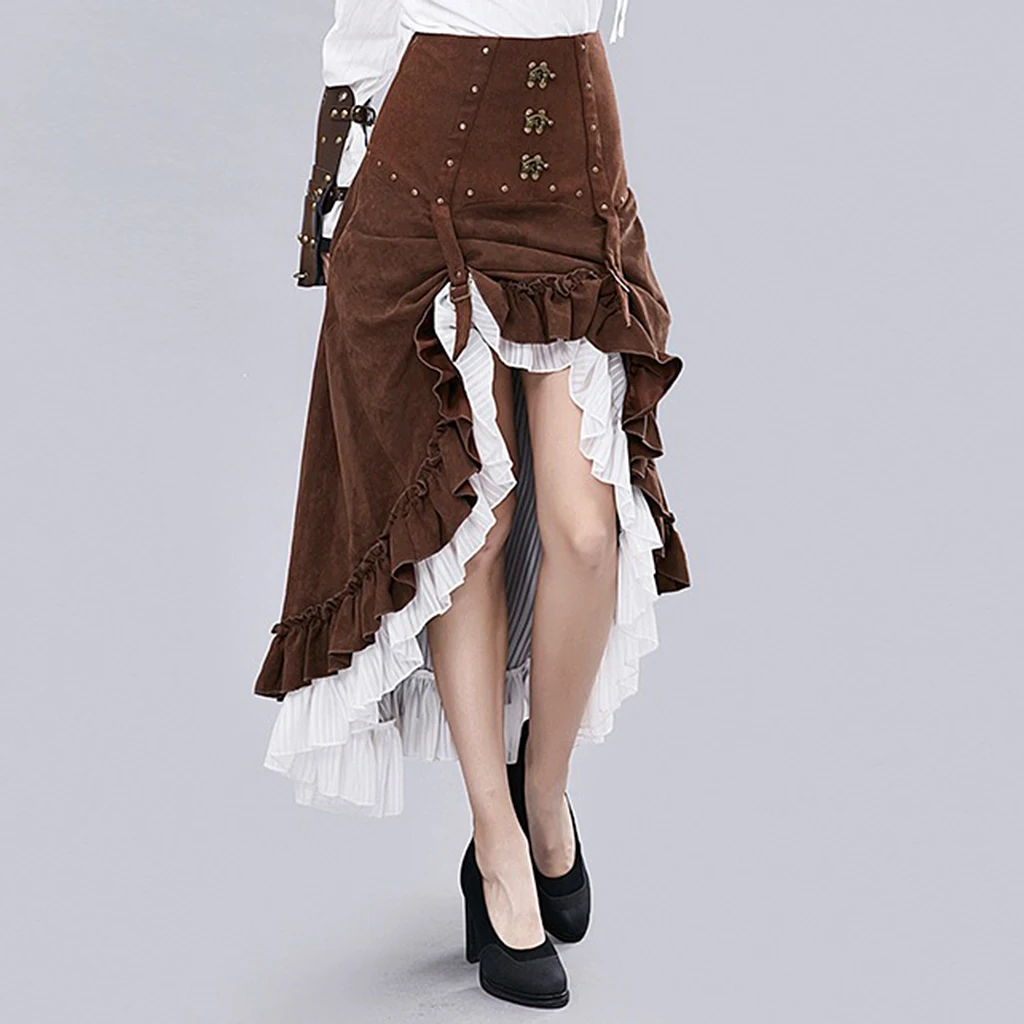 Женская винтажная юбка в стиле стимпанк, асимметричная высокая низкая юбка с оборками, костюм