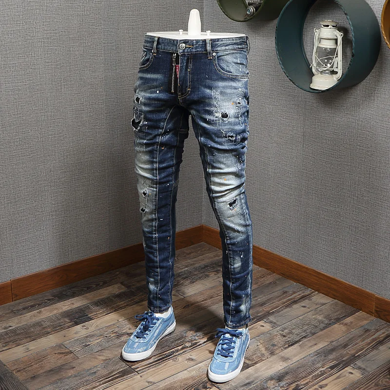 Italian Style Fashion Men Jeans Retro Blue Destroyed Slim Ripped Jeans Spliced Designer Hip Hop Jeans Men Vintage Denim Pants Italian Style Fashion Men Jeans Retro Blue Destroyed Slim Ripped Jeans Spliced Designer Hip Hop Jeans Men Vintage Denim Pants