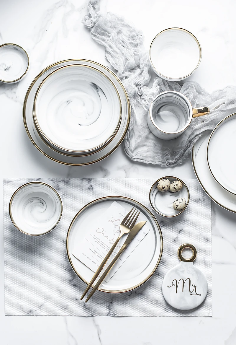European Glod Marble Ceramic Dinner Dish Plate Rice Salad Noodles Bowl Soup Plates Dinnerware Sets Tableware Kitchen Cook Tool
