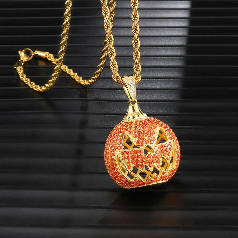 Full Iced Out Bling Pumpkin Necklace Rhinestone Rope Chain Gold Color Pendants &amp Necklaces For Men Hip Hop Jewelry Dropshipping |