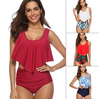 

Bikini Set 2019 Ruffle Swimwear Women High Waist Swimsuit Female Solid Bathing Suit Plus Size Beachwear Mayo Biquini
