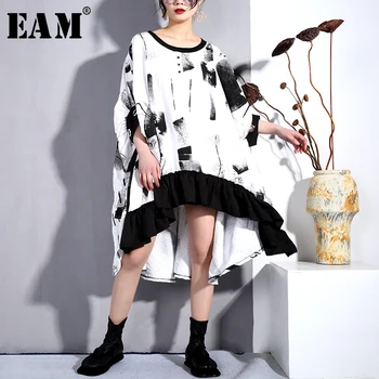

[EAM] Women Print Ruffles Big Size Dress New Round Neck Three-quarter Sleeve Loose Fit Fashion Tide Spring Summer 2020 JQ340