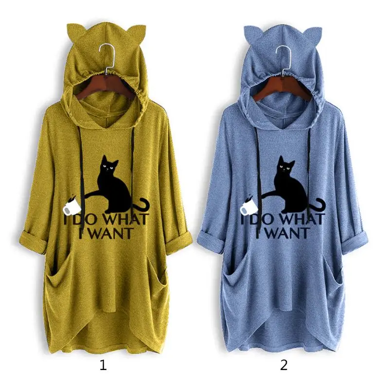 Женские толстовки размера плюс на шнурке с капюшоном I Do What I Want Cat Graphic Solid color Sweatshirt асимметричный подол Карманы Туника Топы M-5XL