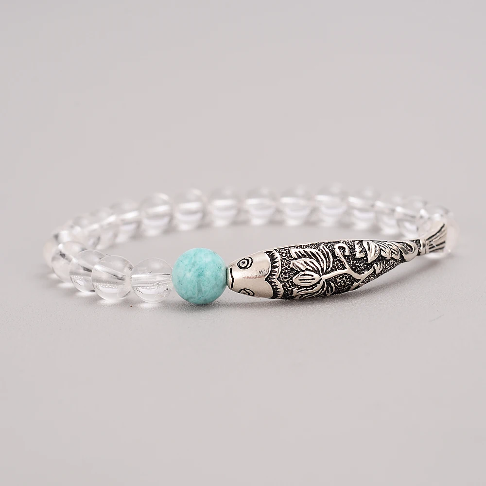 

Antique S925 Silver Fish Charm Bracelet Amazonite Stones Pure Crystal Beaded Yoga Meditation Jewelry