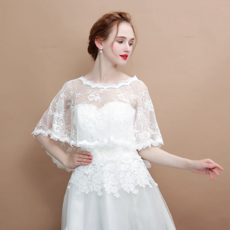 White Lace Women Bolero Jacket Wrap Appliqued Edge Illusion Bridal High Low Short Capes Wedding Accessories Sheer Shawl