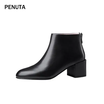 

2019 PENUTA Genuine Leather Women Short Boots Round Toe Ladies Ankle Booties Chunky High Heel Autumn Winter Fashion Shoes PD976