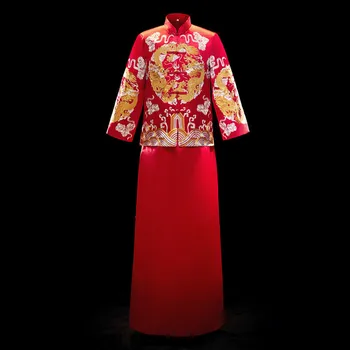 

Red Groom Vintage Loose Cheongsam Traditional Chinese Wedding Gown Satin Qipao Embroidery Dragon Costume Vestido Oriental Mens