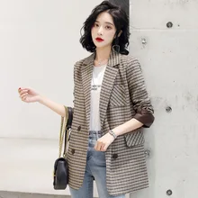 2020 Dress Self-cultivation Both Row Buckle Lattice Jacket Loose Coat All-match Gewen Small Suit Woman