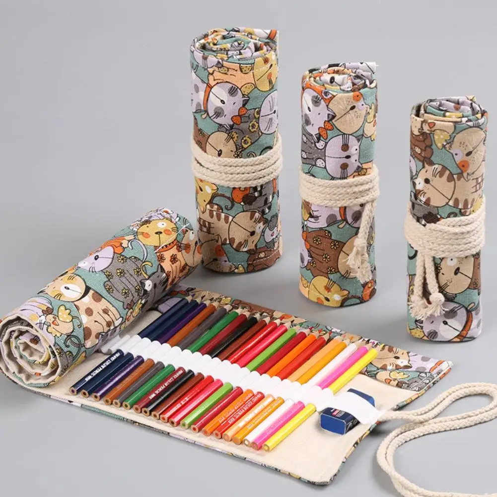 Cute Cartoon Cat School Pencil Case Canvas Penalty 36/48/72 Holes Roll Pencilcase Large Pen Pencil Bag Office Supplies