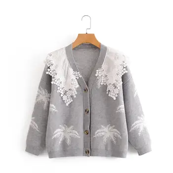 

2020 early autumn new women European and American style loose casual lace stitching doll collar sweater sweater coat