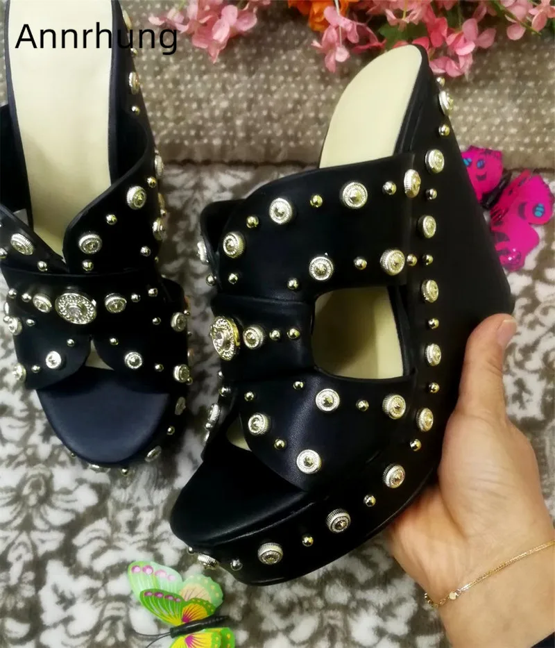 

Metal Decor High Wedges Slippers Shoes Woman Retro Rivet Studded Cut out Slides Slingbacks Platform Mules Slippers Zapatillas